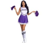 USOHJZ Uniforme de animadora for mujer, traje baile sin mangas, for adultos, escote redondo, vestido con estampado letras, flores y calcetines Para Actuaciones(Purple,L)