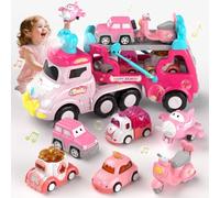 usrela Juguetes Niños 2 3 4 Años, 7 en 1 Coches con Luces y Sonidos, Juguetes Camiones con 6 Pull-Back Coches de para Niñas, Cumpleaños Regalo para Niña de 3 4 5 Años