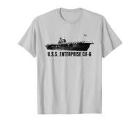 USS Enterprise CV 6 WWII Transportador de Aviones Estilo Vintage USA Camiseta, Hombre, Plata, S