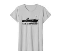USS Enterprise CV 6 WWII Transportador de Aviones Estilo Vintage USA Camiseta, Mujer, Plata, XS