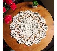 USTIDE 2 manteles individuales de algodón hechos a mano con encaje de ganchillo, decoración de mesa vintage, redondos, beige, 15 pulgadas