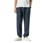 USTZFTBCL Pantalones de hombre Otoño Estilo Hong Kong Algodón Lino Estilo Chino Holgado Jogging Harem Pantalones Casual, azul marino, XL