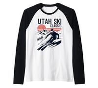 Utah Esquí Clásico Vintage Esquí Amante Puesta del Sol Gráfico Camiseta Manga Raglan