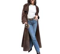 utcoco Gabardina larga de ante sintético para mujer, solapa con muescas, doble botonadura, abrigo con cinturón, Marrón, Medium