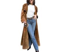 utcoco Gabardina larga de ante sintético para mujer, solapa con muescas, doble botonadura, abrigo con cinturón, Camello, Medium