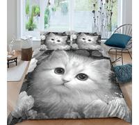 Ute White Or Light Gray Cat Juego De Cama, 3D Impresión Rose, Funda De Edredón, Y Fundas De Almohada 3 Unidades Microfibra para Niños Y Adultos Double(200x200cm)