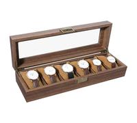 Uten Caja de reloj con 6 ranuras, organizador de caja de reloj con tapa de vidrio real, caja de almacenamiento de piel sintética de grano de madera con almohadas extraíbles de gamuza sintética, cierre