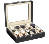 Uten Caja de reloj de cuero con 10 ranuras, organizador de joyas con tapa de cristal grande, caja de reloj para hombres y mujeres