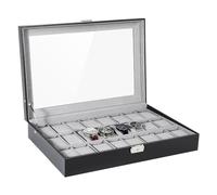Uten Caja de reloj de cuero con 24 ranuras, organizador de joyas con tapa de cristal grande, caja de reloj para hombres y mujeres