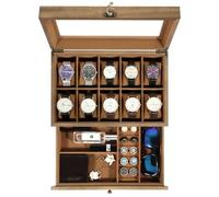 Uten Caja de Relojes con 10 Compartimentos, 2 Niveles Caja para Reloje Madera, Tapa de Vidrio y Almohada Algodón Seda, Forro Marrón, para Exhibición y Almacenamiento de Relojes Joyería