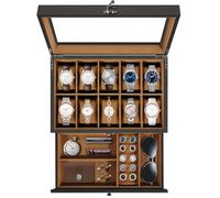 Uten Caja de Relojes con 10 Compartimentos, 2 Niveles Caja para Reloje Madera, Tapa de Vidrio y Almohada Algodón Seda, Forro Marrón, para Exhibición y Almacenamiento de Relojes Joyería