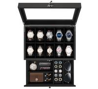 Uten Caja de Relojes con 10 Compartimentos, 2 Niveles Caja para Reloje Madera, Tapa de Vidrio y Almohada Algodón Seda, Forro Negro, para Exhibición y Almacenamiento de Relojes Joyería