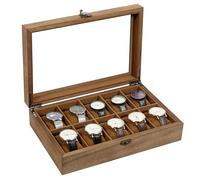 Uten Caja de Relojes con 10 Compartimentos, Caja para Reloje Madera, Tapa de Vidrio y Almohada Algodón Seda, Forro Marrón, para Exhibición y Almacenamiento de Relojes Joyería, Regalo Ideal