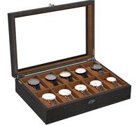 Uten Caja de Relojes con 10 Compartimentos, Caja para Reloje Madera, Tapa de Vidrio y Almohada Algodón Seda, Forro Marrón, para Exhibición y Almacenamiento de Relojes Joyería, Regalo Ideal
