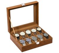 Uten Caja de Relojes con 10 Compartimentos, Caja para Reloje PU, Cerradura con Llave, Tapa Vidrio, Forro Terciopelo Marrón, para Exhibición y Almacenamiento Relojes Joyería, Regalo Ideal