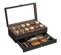 Uten Caja de Relojes con 12 Compartimentos, 2 Niveles Caja para Reloje Madera, Tapa de Vidrio y Almohada Algodón Seda, Forro Marrón, para Exhibición y Almacenamiento de Relojes Joyería