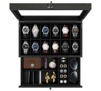 Uten Caja de Relojes con 12 Compartimentos, 2 Niveles Caja para Reloje Madera, Tapa de Vidrio y Almohada Algodón Seda, Forro Negro, para Exhibición y Almacenamiento de Relojes Joyería