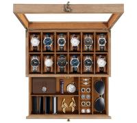Uten Caja de Relojes con 12 Compartimentos, 2 Niveles Caja para Reloje Madera, Tapa de Vidrio y Almohada Algodón Seda, Forro Marrón, para Exhibición y Almacenamiento de Relojes Joyería