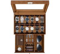 Uten Caja de Relojes con 12 Compartimentos, 2 Niveles Caja para Reloje PU, Cerradura con Llave, Tapa Vidrio, Forro Terciopelo Marrón, para Exhibición y Almacenamiento Relojes Joyería
