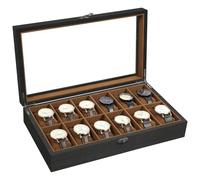 Uten Caja de Relojes con 12 Compartimentos, Caja para Reloje Madera, Tapa de Vidrio y Almohada Algodón Seda, Forro Marrón, para Exhibición y Almacenamiento de Relojes Joyería, Regalo Ideal