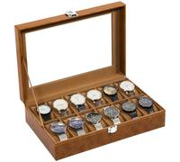 Uten Caja de Relojes con 12 Compartimentos, Caja para Reloje PU, Cerradura con Llave, Tapa Vidrio, Forro Terciopelo Marrón, para Exhibición y Almacenamiento Relojes Joyería