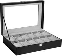 Uten Caja de Relojes con 12 Rejillas, Estuche Reloj con Alfombrilla de Reloj Extraíble, Cubierta de Cristal, Regalos de cumpleaños y Navidad