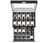 Uten Caja de Relojes con 20 Compartimentos, 2 Niveles Caja para Reloje PU, Cerradura con Llave, Tapa Vidrio, Forro Terciopelo Gris, para Exhibición y Almacenamiento Relojes Joyería