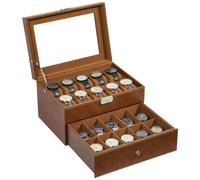 Uten Caja de Relojes con 20 Compartimentos, 2 Niveles Caja para Reloje PU, Cerradura con Llave, Tapa Vidrio, Forro Terciopelo Marrón, para Exhibición y Almacenamiento Relojes Joyería