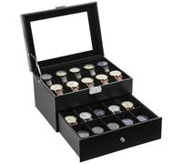 Uten Caja de Relojes con 20 Compartimentos, 2 Niveles Caja para Reloje PU, Cerradura con Llave, Tapa Vidrio, Forro Terciopelo Negro, para Exhibición y Almacenamiento Relojes Joyería