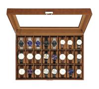 Uten Caja de Relojes con 24 Compartimentos, Caja para Reloje PU, Cerradura con Llave, Tapa Vidrio, Forro Terciopelo Marrón, para Exhibición y Almacenamiento Relojes Joyería