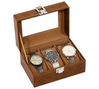 Uten Caja de Relojes con 3 Compartimentos, Caja para Reloje PU, Cerradura con Llave, Tapa Vidrio, Forro Terciopelo Marrón, para Exhibición y Almacenamiento Relojes Joyería