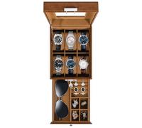 Uten Caja de Relojes con 6 Compartimentos, 2 Niveles Caja para Reloje Madera, Tapa de Vidrio y Almohada Algodón Seda, Forro Marrón, para Exhibición y Almacenamiento de Relojes Joyería