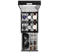 Uten Caja de Relojes con 6 Compartimentos, 2 Niveles Caja para Reloje Madera, Tapa de Vidrio y Almohada Algodón Seda, Forro Gris, para Exhibición y Almacenamiento de Relojes Joyería