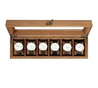 Uten Caja de Relojes con 6 Compartimentos, Caja para Reloje Madera, Tapa de Vidrio y Almohada Algodón Seda, Forro Marrón, para Exhibición y Almacenamiento de Relojes Joyería, Regalo Ideal