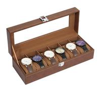 Uten Caja de Relojes con 6 Compartimentos, Caja para Reloje PU, Cerradura con Llave, Tapa Vidrio, Forro Terciopelo Marrón, para Exhibición y Almacenamiento Relojes Joyería, Regalo Ideal