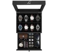 Uten Caja de Relojes con 8 Compartimentos, 2 Niveles Caja para Reloje Madera, Tapa de Vidrio y Almohada Algodón Seda, Forro Negro, para Exhibición y Almacenamiento de Relojes Joyería