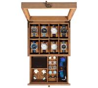 Uten Caja de Relojes con 8 Compartimentos, 2 Niveles Caja para Reloje Madera, Tapa de Vidrio y Almohada Algodón Seda, Forro Marrón, para Exhibición y Almacenamiento de Relojes Joyería
