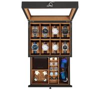 Uten Caja de Relojes con 8 Compartimentos, 2 Niveles Caja para Reloje Madera, Tapa de Vidrio y Almohada Algodón Seda, Forro Marrón, para Exhibición y Almacenamiento de Relojes Joyería