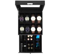 Uten Caja de Relojes con 8 Compartimentos, 2 Niveles Caja para Reloje PU, Cerradura con Llave, Tapa Vidrio, Forro Terciopelo Negro, para Exhibición y Almacenamiento Relojes Joyería