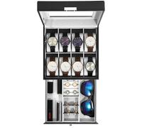 Uten Caja de Relojes con 8 Compartimentos, 2 Niveles Caja para Reloje PU, Cerradura con Llave, Tapa Vidrio, Forro Terciopelo Gris, para Exhibición y Almacenamiento de Relojes Joyería