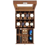 Uten Caja de Relojes con 8 Compartimentos, 2 Niveles Caja para Reloje PU, Cerradura con Llave, Tapa Vidrio, Forro Terciopelo Marrón, para Exhibición y Almacenamiento Relojes Joyería