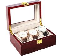 Uten Caja de Relojes de 3 Ranuras, Caja de madera para Reloj Ventana Transparente con Almohada Extraíble, Cierre de Metal, Marrón Rojo Watch Box
