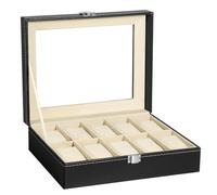Uten Caja de Relojes para 10 Fundas para Relojes de Hombre y Mujer, Forro de Terciopelo Hebilla de Metal, Alfombrilla de Reloj Extraíble, Estuche Reloj con Cubierta de Cristal, Cuero Sintético Negro