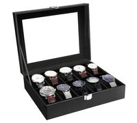Uten Caja para Relojes con 10 Compartimentos, Hebilla de Metal, Almohadilla para Relojes Extraíble, Caja con Tapa de Vidrio, Caja para Guardar Joyas, Cuero PU Negro, Forro Negro