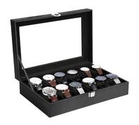 Uten Caja para Relojes con 12 Compartimentos, Hebilla de Metal, Almohadilla para Relojes Extraíble, Caja con Tapa de Vidrio, Caja para Guardar Joyas, Cuero PU Negro, Forro Negro