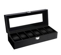 Uten Caja para Relojes Con 6 Compartimentos, Hebilla de Metal, Almohadilla Extraíble, Tapa de Vidrio, para Guardar Joyas, Cuero PU Negro, Forro Negro