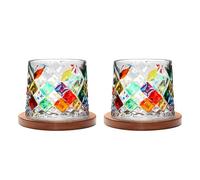 Uten Vaso de Whisky de Cristal, 275 ml/10 oz Vaso de Agua Giratorio, Posavasos de Bambú, Tacto Grueso, Adecuado para Beber Ron, Brandy, Cócteles, Café, Jugo, Relajarse y Descomprimir, 2 Pieza