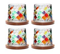 Uten Vaso de Whisky de Cristal, 275 ml/10 oz Vaso de Agua Giratorio, Posavasos de Bambú, Tacto Grueso, Adecuado para Beber Ron, Brandy, Cócteles, Café, Jugo, Relajarse y Descomprimir, 4 Pieza