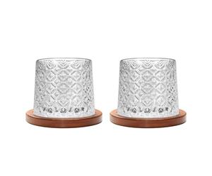 Uten Vaso de Whisky de Cristal, 275 ml/10 oz Vaso de Agua Giratorio, Posavasos de Bambú, Tacto Grueso, Adecuado para Beber Ron, Brandy, Cócteles, Café, Jugo, Relajarse y Descomprimir, 2 Pieza
