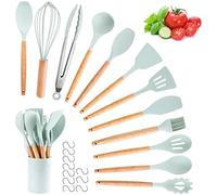 Utensilios Cocina de Silicona, hicoosee 22 Piezas Juego Utensilios de Cocina de Silicona con Mango de Madera para Utensilios, Sin BPA Resistentes al Calor y Antiadherentes con 10 S Ganchos, Verde